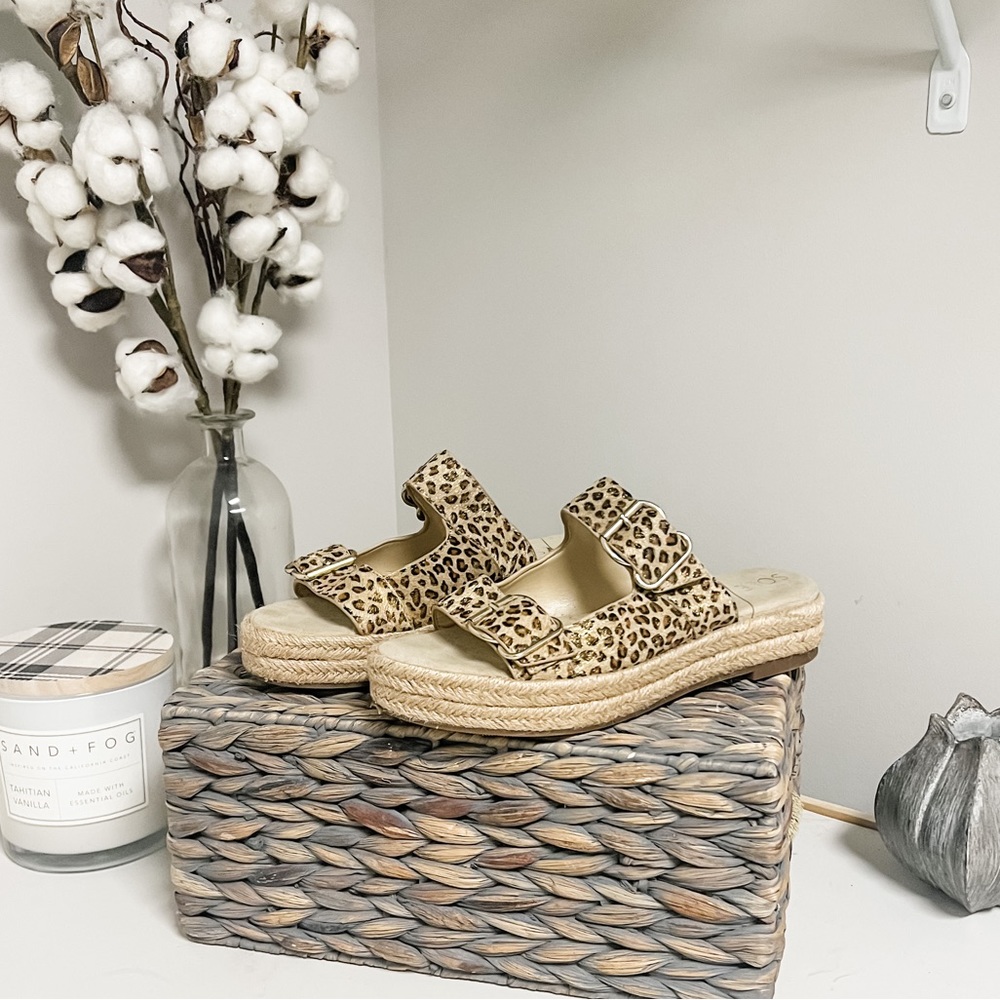 Sole Society Calf Hair Leopard Print Gold Shimmer Espadrille Buckle Platform 9.5
